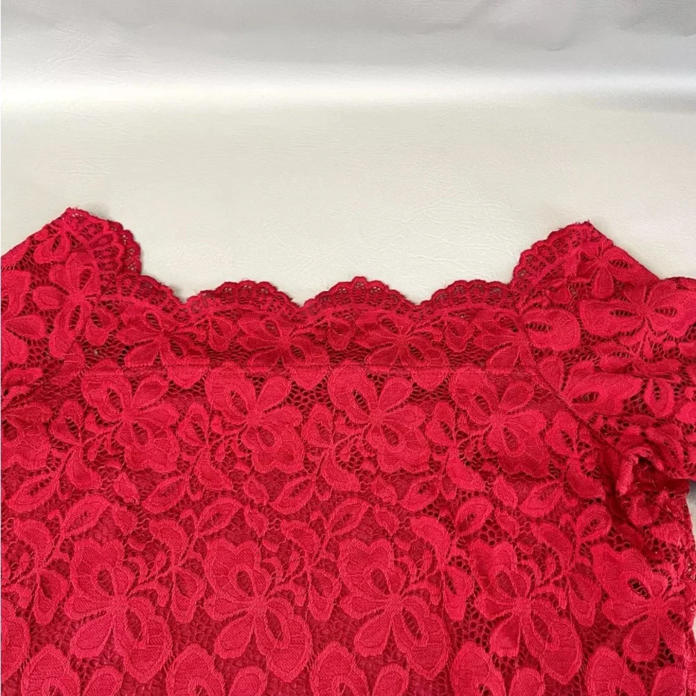 ACEVOG size XL red lace off shoulder midi dress lined with stretch 3/4 sleeve - Picture 6 of 14